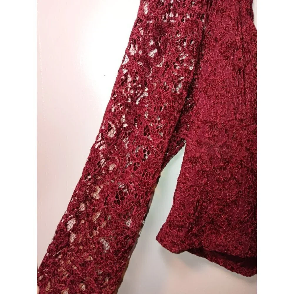 Anthropologie Deep Wine Burgundy Red Lace Sleeve Sweetheart Blouse Size Large